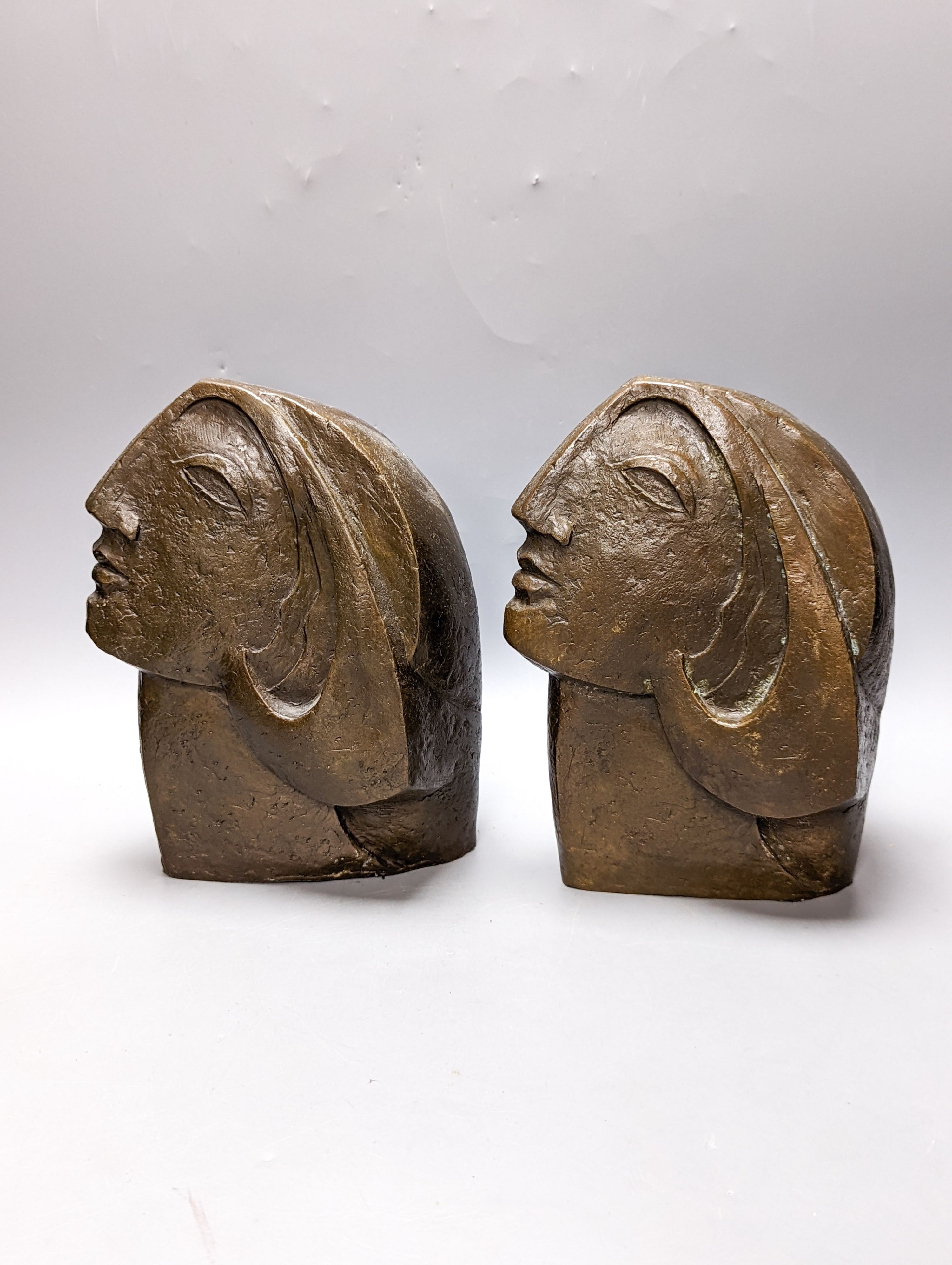 Two Art deco style patinated bronze female busts 23cm